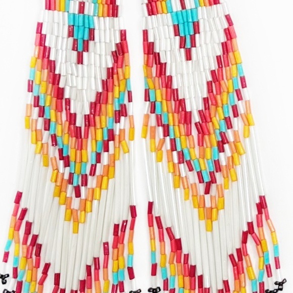 White Red Orange Turquoise Native American Tribal Boho Bead 8" Shoulder Earrings - Picture 5 of 6